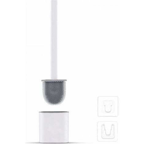 Brosse WC Silicone Plate- Brosse Toilette et Supports, Anti-goutte, Antibactérienne, Balayette WC Ventilée, Séchage Rapide sans Odeur, Balai WC Montage Mural/au Sol, Salle de Bain et WC Blanc (1/4)