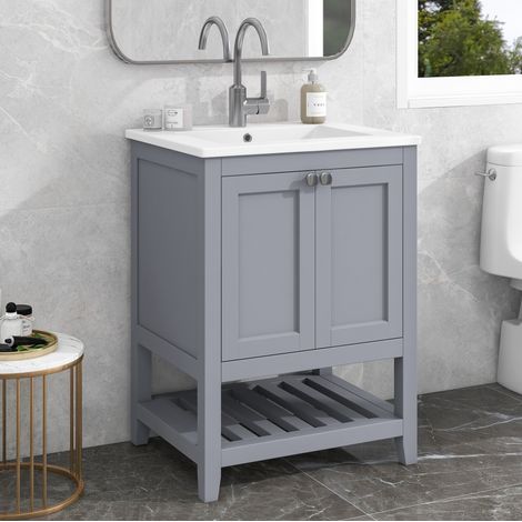 Meuble vasque sur pied 61x46x90 cm en bois et MDF gris clair, lavabo en céramique, stable – MEUBLIV (1/5)