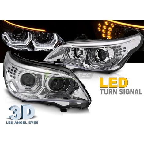 Paire de feux phares BMW serie 5 E60 /E61 03-07 Angel eyes led 3D Chrome-40160178 (1/4)