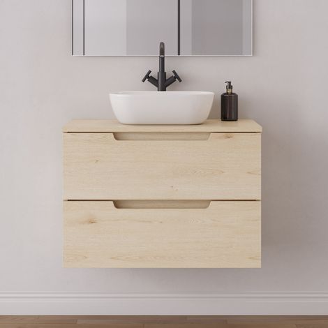 Meuble de salle de bain 70cm avec plateau et vasque à poser arrondie - 2 tiroirs - sans miroir - roble calima (bois clair) - SONRIZA (1/5)