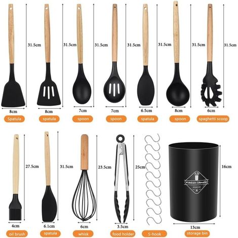 Set di utensili da cucina in silicone e legno, 22 pezzi, senza BPA, set di accessori da cucina antiaderenti con contenitore, nero 01 (1/4)