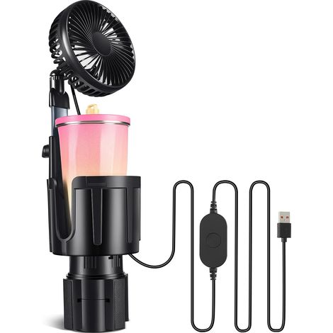 Ventilateur porte-gobelet à 3 vitesses, rotation à 360° 2 en 1, base extensible et port USB, pour voiture, fourgonnette, camping-car, camion (1/5)