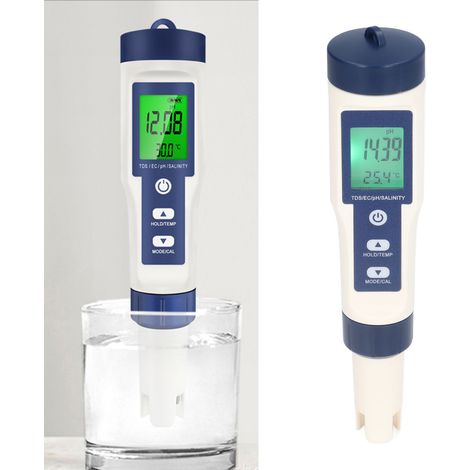 Medidor de agua digital 5 en 1: valor de pH, salinidad, temperatura, TDS, CE, resistente al agua con pantalla retroiluminada y calibración automática IP67 manomano. (1/5)