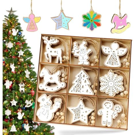Adornos navideños de madera de 27 piezas, bolas blancas de doble capa, ciervos y copos de nieve, adornos para el árbol, decoraciones festivas para el hogar para hacer tú mismo. (1/4)