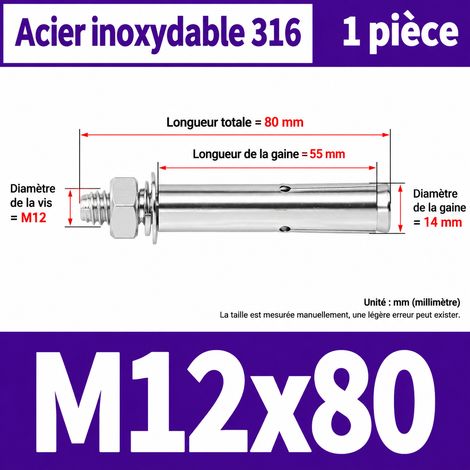 Goujon d'ancrage M12 x 80 mm inox 316 cheville à expansion foret 14 mm m12 80 1 pièces 1 kg – Livraison gratuite