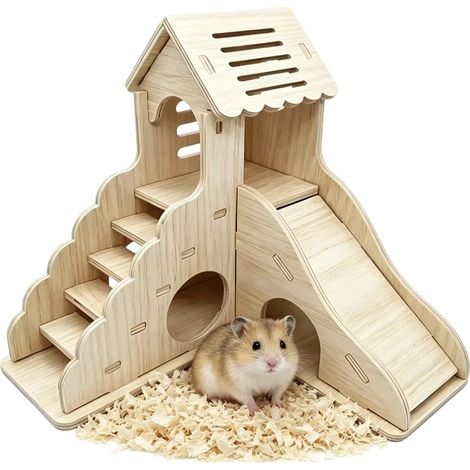 Maison Hamster, Maisons Hamsters en Bois avec Escalier et Toboggan, 17 x 16.6 x 17CM Multifonctionnelle Hamster Accessoire, pour Hamsters Nains, Gerbilles et Rongeurs (1/5)