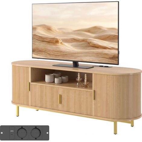 Meuble TV 140 cm avec 2 Prises et 2 Ports, Meuble Télé pour 84 Pouces, 2 Portes Battantes, 2 Portes Coulissantes, Chêne (1/5)