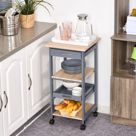 Chariot alimentaire avec tiroir - îlot de cuisine en bois 37x37x76cm - 2 étagères et plateau escamotable - gris