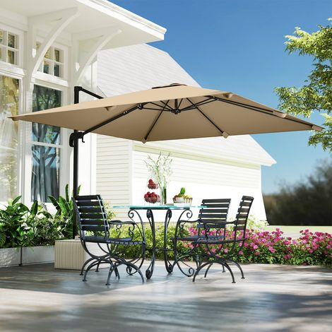 Parasol déporté carré 3x3m jardin extérieur rotation 360° inclinable 5 positions base croix, kaki