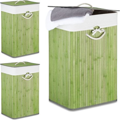 Relaxdays, Set 3x Bamboo Laundry Basket, with Lid, Rectangular, XL, 83L, Foldable Bin, HWD: 65.5 x 43.5 x 33.5cm, Green