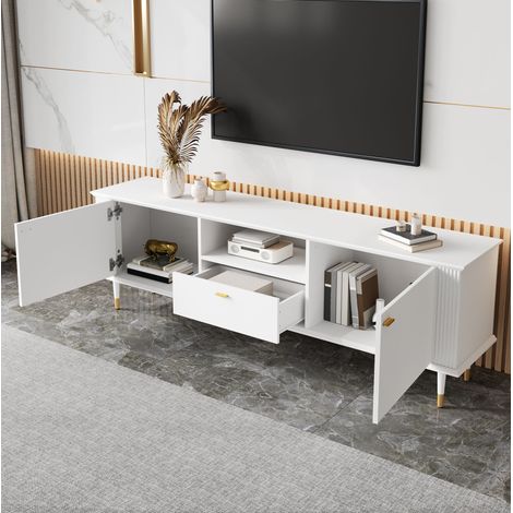 Meuble TV 170x36x54 cm blanc en MDF laqué avec rangements, passe-câbles et charnières soft-close (1/5)