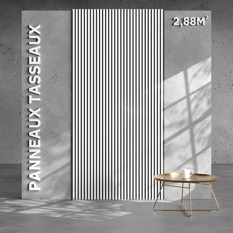 Lot de 2 Panneaux Tasseaux Bois - Blanc Feutre Noir - 2,88 m², 2400 x 600 mm, Mon Marché Déco