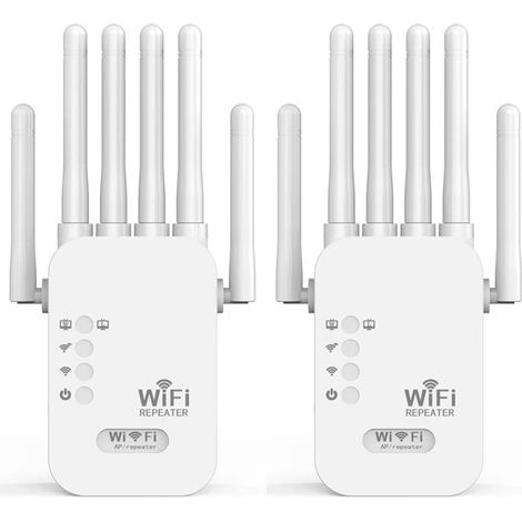 AUTRUCKER Lot de 2 répéteurs Wi-Fi puissants, amplificateur de signal Wi-Fi sans fil, 1 200 m, régulé en Europe, blanc (6 antennes)