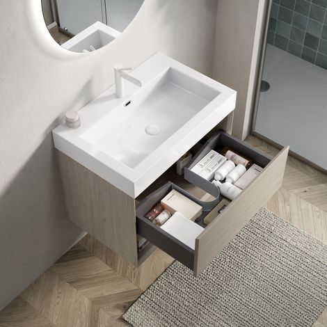 Mueble de baño mural blanco con un cajón y un estante abierto premontado acabado en roble claro (1/5)