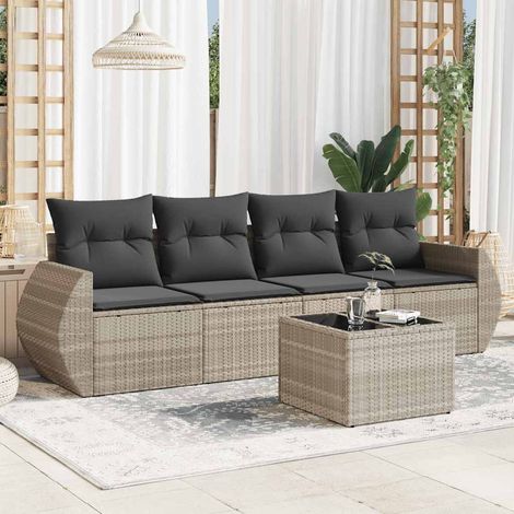 Salon de jardin 5 pièces en résine tressée gris clair avec coussins, table en verre et rangements intégrés (1/3)