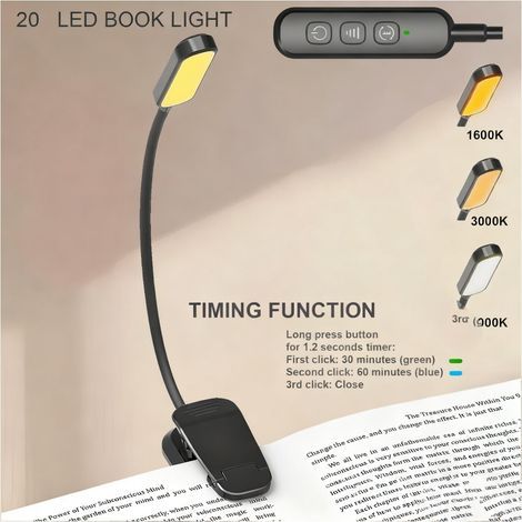 Lampe de lecture de livre avec clip, 3 températures de couleur et intensité lumineuse réglable, parfaite pour lit et chevet. (1/5)