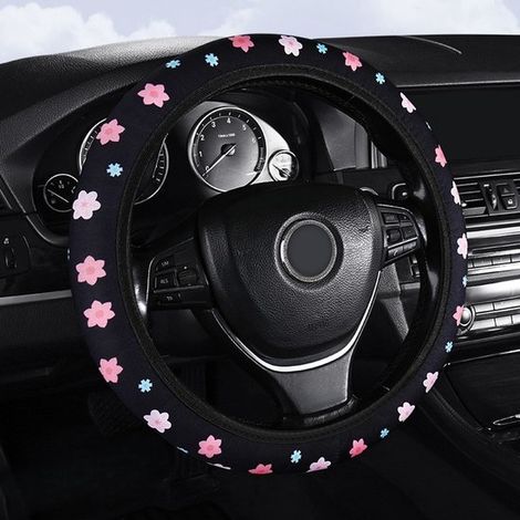Coprivolante con motivo floreale, protezione traspirante per il volante, adatto alla maggior parte dei volanti, coprivolante morbido con motivo floreale rosa (1/5)