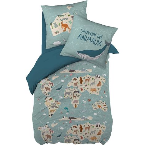 EXPLORE - Parure de Lit Coton Motif Monde Housse de Couette 140x200cm + Taie d'Oreiller (1/5)