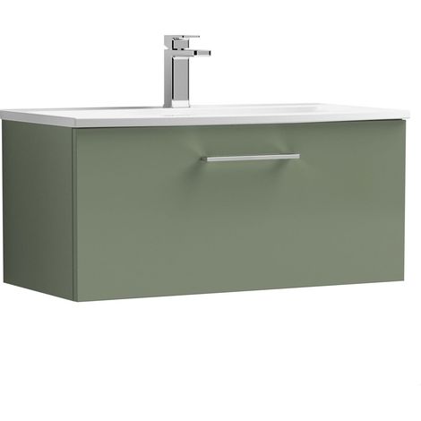 Balterley  Modern Bathroom 1 Soft Close Drawer Wall Hung Vanity Unit & Curved Basin, Satin Green, 800mm