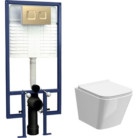 Hilderstone Contemporary Square Wall Hung Toilet Pan and Seat with Concealed Cistern and Flush Plate with Square Buttons - White/Brushed Brass