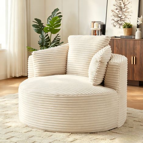 Fauteuil lounge rond surdimensionné velours côtelé orange, fauteuil nuage moderne assise profonde salon chambre 124x113x86cm- Blanc (1/5)