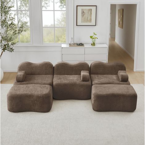 Sofá modular en U marrón de terciopelo con 2 otomanas, asiento profundo y espuma 32D (1/5)
