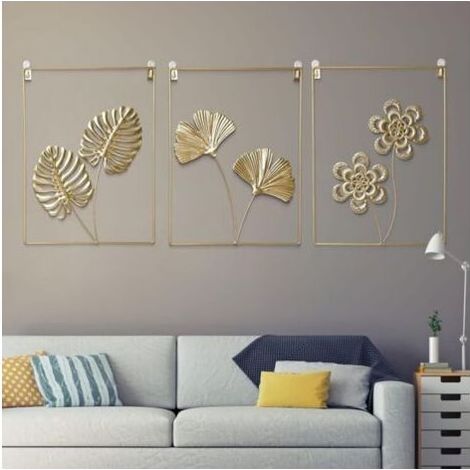Décoration murale dorée set de 3, 30x40cm, ligne abstraite moderne décorative feuille de ginkgo biloba en métal, sculpture murale pour salon bureau (1/5)