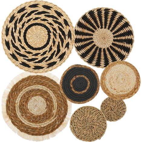 Conjunto de 7 cestas de pared bohemias, decoraciones de pared tejidas, cestas redondas y planas hechas de ratán y algas marinas, adornos de pared. (1/5)