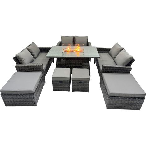 Fimous Outdoor Love Sofa Set 10 Seat Rattan Garden Furniture Set with Gas Firpit Dining Table 4 Footstools Dark Grey Mixed (1/5)