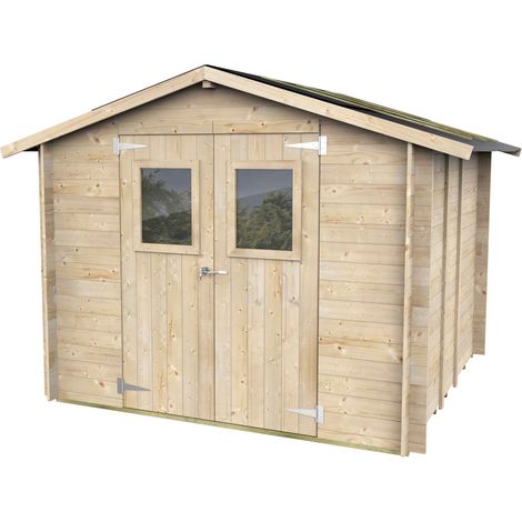 Caseta de jardín de madera, 248 x 248 cm, paredes de 19 mm, puerta doble de plexiglás, abeto natural. (1/5)