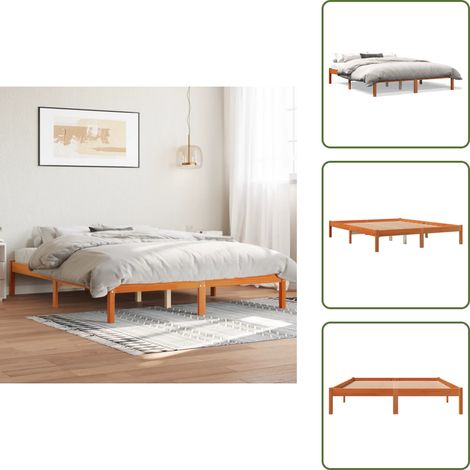 The Living Store Cadre de lit sans matelas cire marron 150x200cm bois pin massif - Cadre De Lit - Lit Double - Bois Massif - Lit En Bois - Chambre À Coucher