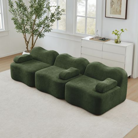 Canapé modulable 3 places sans structure, en mousse haute densité 32D, forme ondulée avec assise profonde, coussins d'accoudoirs amovibles, idéal pour le salon, vertWL