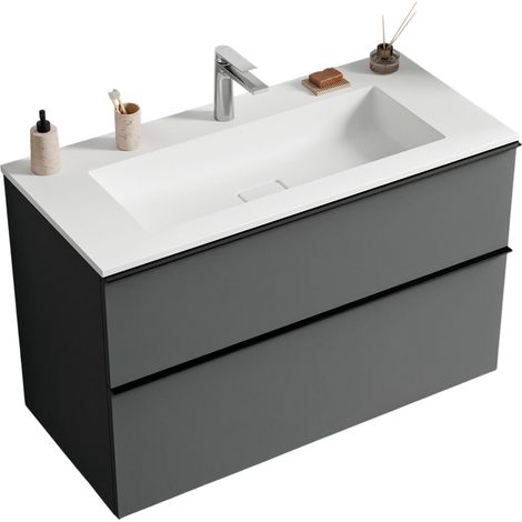 BERNSTEIN - Mueble lavabo suspendido MDF Antracita mate, lavabo fundición blanco mate + orificio grifería, tirador cromado 80x46x62cm - LAVOA antracita mate, cromo, Blanco mate con orificio para grifo