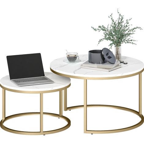 Lot de 2 tables basses gigognes empilable industriel plateau imitation ciment pieds en métal blanc (1/5)