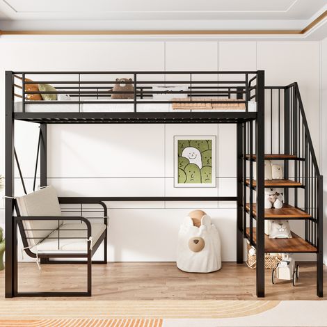 Lit superposé 90x200 cm, structure en acier renforcé, lit surélevé avec canapé escamotable, rangement intégré et échelle sécurisée. Idéal pour enfants, ados et adultes. Couleur noire. (1/5)