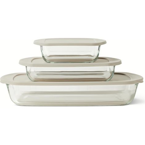 Plats de Cuisson en Verre avec Couvercles sans BPA, Lot de 6 Pièces, Verre Borosilicaté, Passent au Lave-Vaisselle et au Four, Gris Lin (1/5)