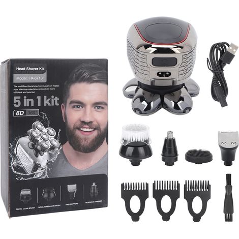 Kit de rasage 5-en-1 rechargeable pour homme, tondeuse barbe et cheveux, rasoir électrique 6D tête rasée, multifonction. (1/5)