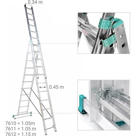 Matisère – Échelle transformable 3 plans 3x11 barreaux – Longueur max. 7.11m – Charge maximale 150kg – Pour chantiers humides – 7611