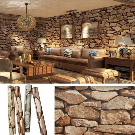 PVC Retro3D Papier Peint Pierre Mode Rétro Vintage Nostalgique Papier Peint 53cm(L)9.5m(L) Papier Peint 3D Restaurant Peinture Murale Grande Personnalité Marron-LIAIKI