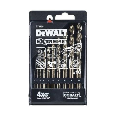 DEWALT DT5935-QZ - Juego de brocas de metal Extreme Kobalt de 10 piezas (1-10mm, para acero de alta aleación y metal, con mango antideslizante y punta "No-Walk", incluye estuche de almacenamiento).