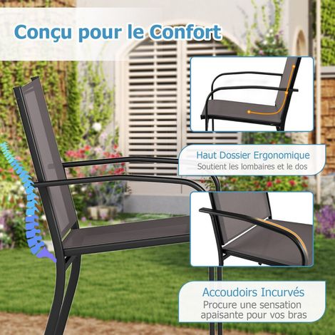 Lot de 4 chaises de jardin grises en métal avec tissu respirant, dossier haut et accoudoirs, empilables pour terrasse (1/5)