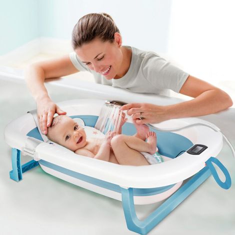 Baignoire Bébé Pliable avec Thermometre Digital, Baignoire Bébé avec Coussin, Baignoire Bébé avec Prise Pommeau de Douche, Ergonomique et Peu Encombrante, Convient Aux Bébés de 0 à 36 Mois, Vert (1/5)