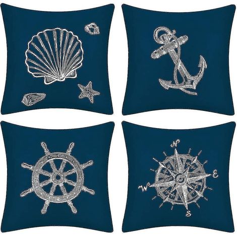 Set mit 4 dekorativen Sofakissenbezügen im maritimen Stil mit Kompass- und geometrischem Muster (45 x 45 cm) - (1/5)