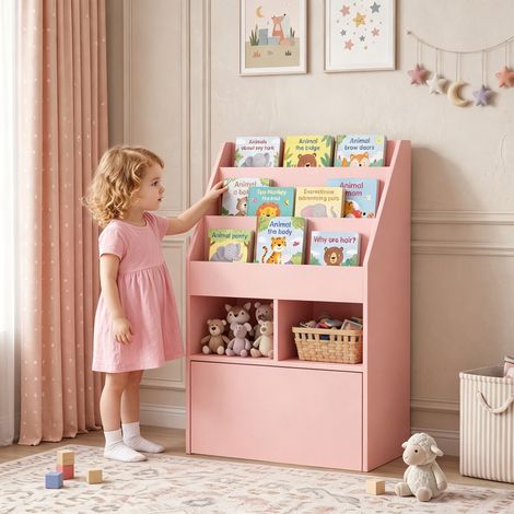 Bibliothèque étagère Multi-Rangement 3 étagères 2 niches Grand tiroir en bois Rose (1/5)