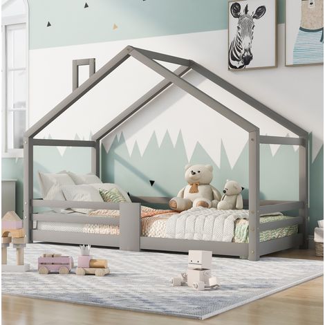 Lit enfant cabane en bois gris 90 x 200 cm avec cheminée, barrières anti-chute et 15 lattes, structure robuste jusqu'à 120 kg, sans matelas – de FLORAGRACE (1/5)
