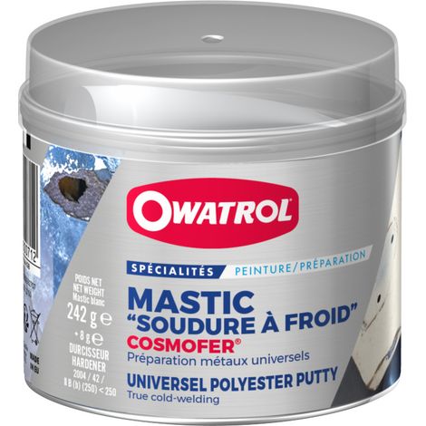 Owatrol – Mastic polyester universel blanc pour métal, bois, béton – Soudure à froid – Très élastique et facile à poncer – Boîte de 1000 g