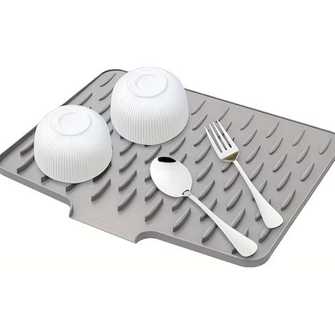 Tapis de cuisine avec égouttoir, en silicone, pour évier, plan de travail, réfrigérateur, séchage des ustensiles, 32 x 26,5 cm - gris (1/5)