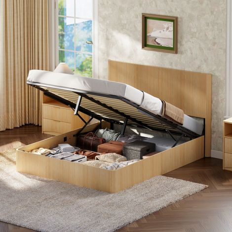 Bett mit Stauraum MDF & Metall Hell Eiche 160x200 cm mit hydraulischem Lift-System und Lattenrost