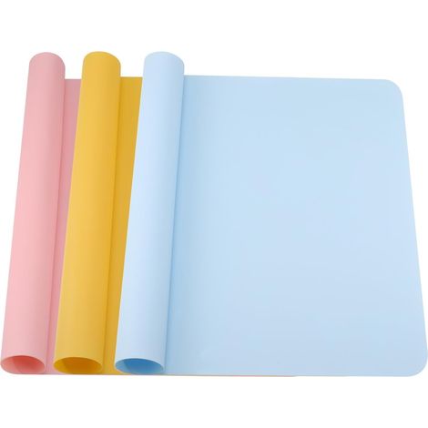 Lot de 3 Tapis Silicone, 40x30cm, Antidérapant et Résistant à la Chaleur, pour Cuisine et Loisirs Créatifs, Rose Jaune Bleu