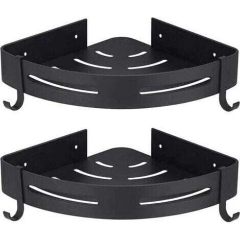 Support de douche d'angle sans perçage, lot de 2, avec crochets, noir, rangement de salle de bain, accessoires de salle de bain, porte-savon, support de douche, sans perçage (1/4)